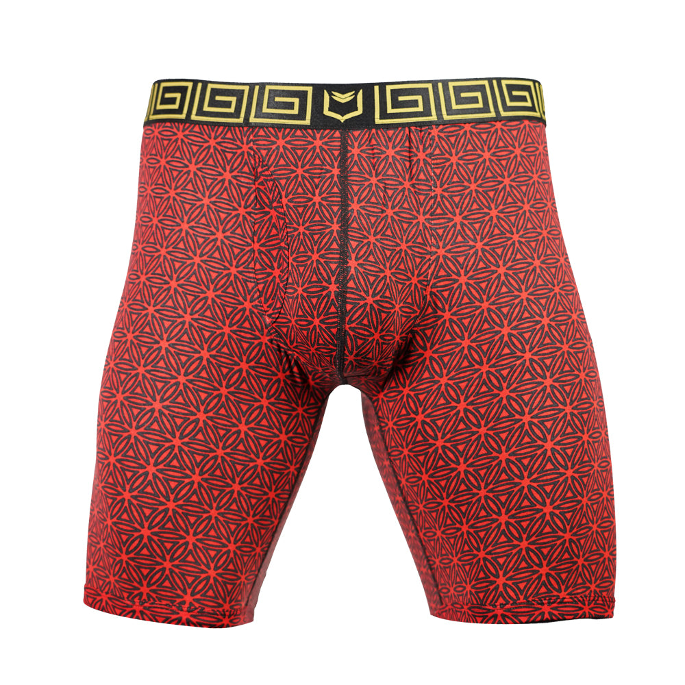 SHEATH V 8" Sports Performance Dual Pouch Boxer Brief - Red Flower of LIfe