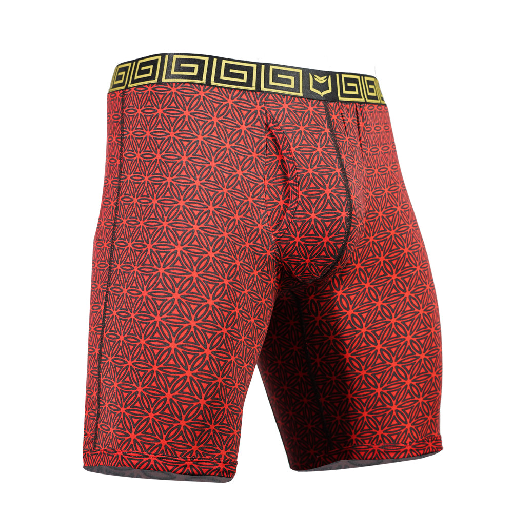 SHEATH V 8" Sports Performance Dual Pouch Boxer Brief - Red Flower of LIfe