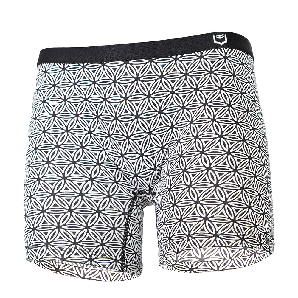 SHEATH Women's Long Leg Boxer Brief - Black & White Flower of Life