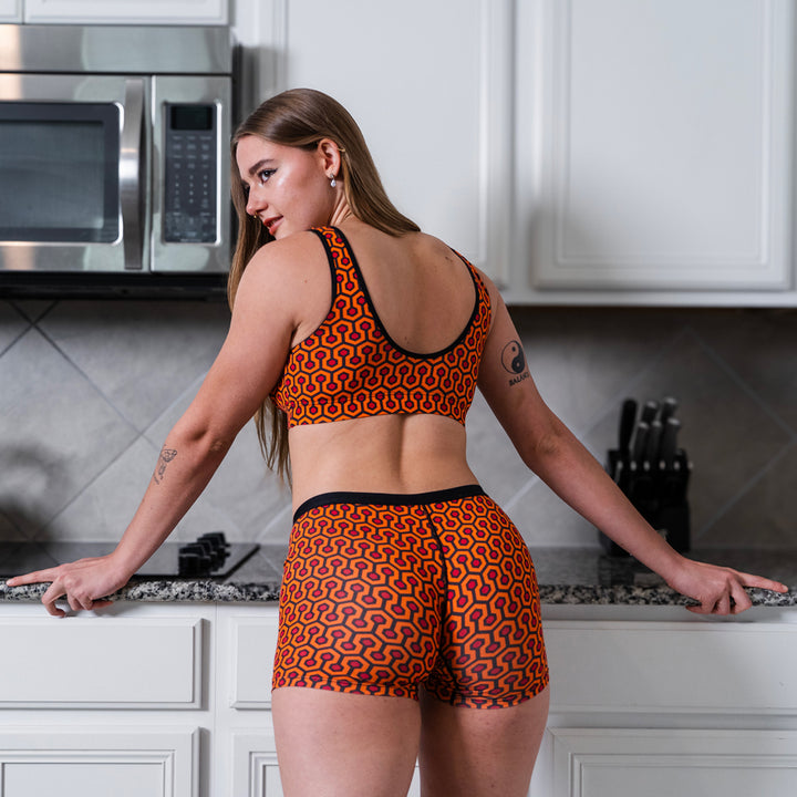 SHEATH Women's Long Leg Boxer Brief - Orange Hexagon